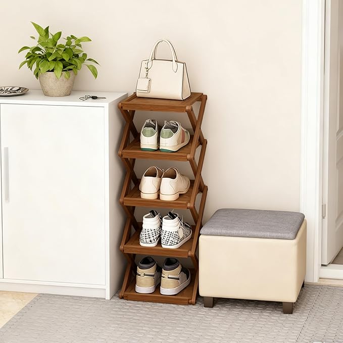 YYW Flat Bamboo Shoe Rack for Entryway, Installation-Free and Folding Vertical Small Shoe Rack, Saves Space Narrow Shoe Racks for Doorway Closet