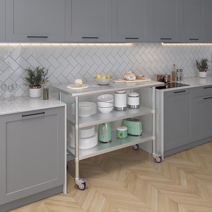 AmGood Stainless Steel Work Table with 2 Shelves and Casters | Metal Utility Table On Wheels (Stainless Steel Work Table with 2 Shelves + Casters, 48" Long x 24" Deep)