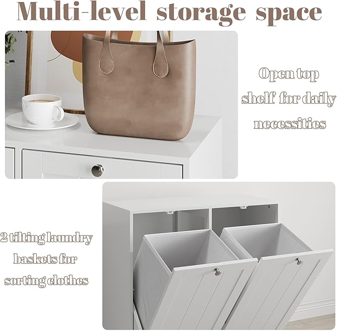 Double Tilt Out Laundry Hamper Cabinet with 2 Baskets, Laundry Cabinet, White, 12.99" D×25.98" W×26.81" H, 2 × 5.9 Gallon