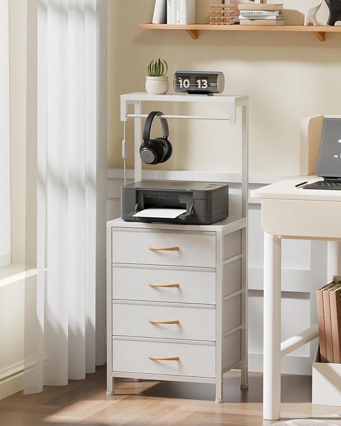 Furnulem White Nightstand, 38 inches Tall Night Stand with Charging Station and LED Lights, Bedside Table for Bedroom, Office, Hallway, 4 Fabric Drawers, Metal Frame, Wood Shelves