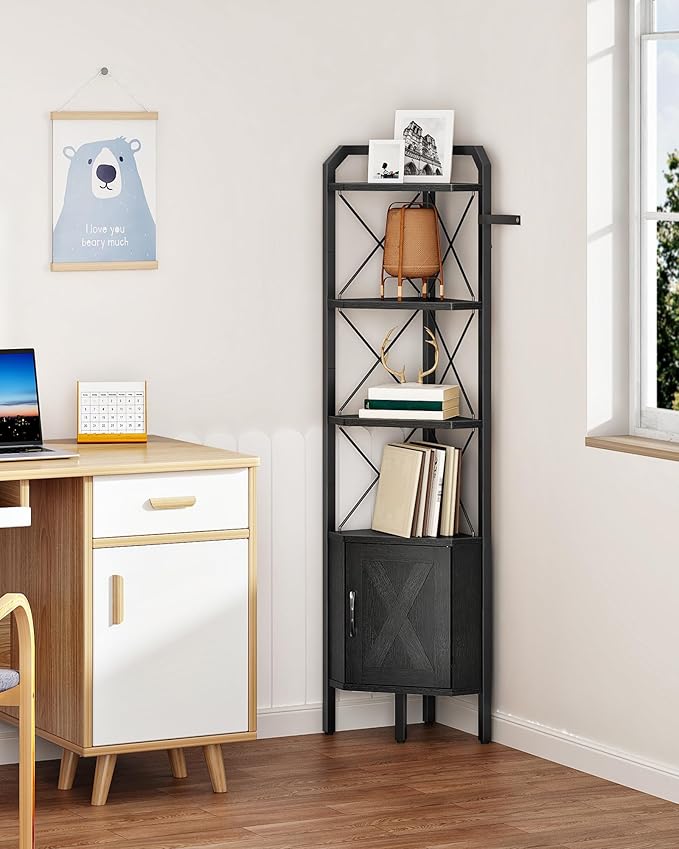 62.2" Corner Shelf with Cabinet, 4-Tier Tall Corner Bookshelf with X-Shaped and Diamond Design, for Living Room, Bedroom, Bathroom Storage, Black