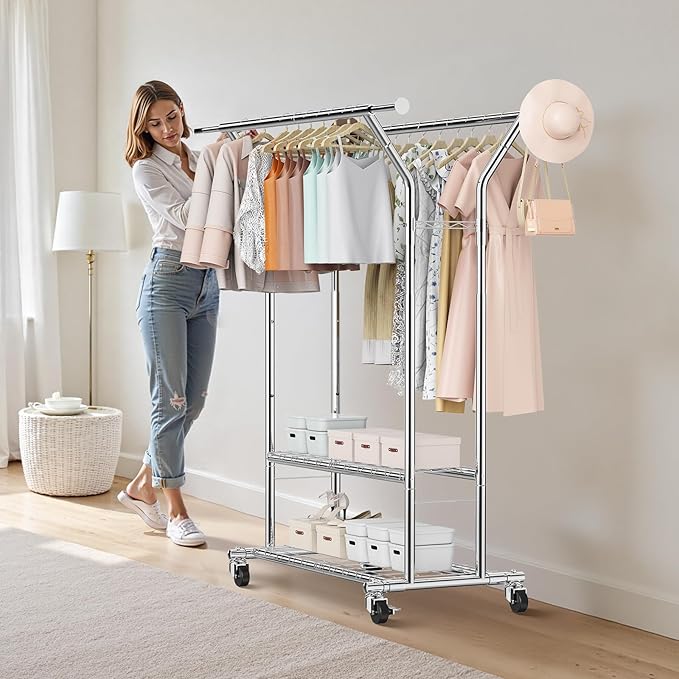 VEVOR Clothes Rack, Rolling Clothing Garment Rack, Extendable Carbon Steel Clothing Racks with Wheels for Bedroom, Laundry, Living Room