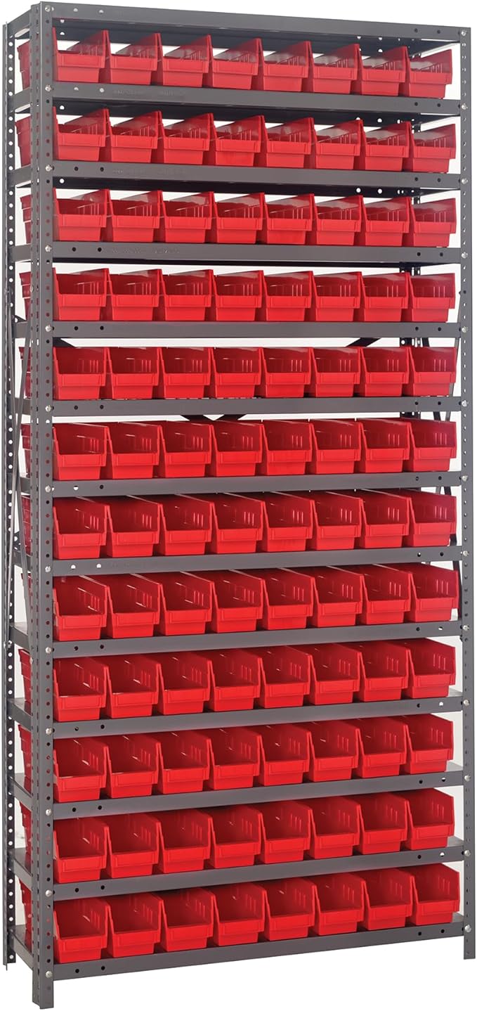 Quantum Storage Systems 1275-101RD Solid Heavy Duty 13 Shelves 96 Economy Red Bins 75" H x 36" W x 12" D