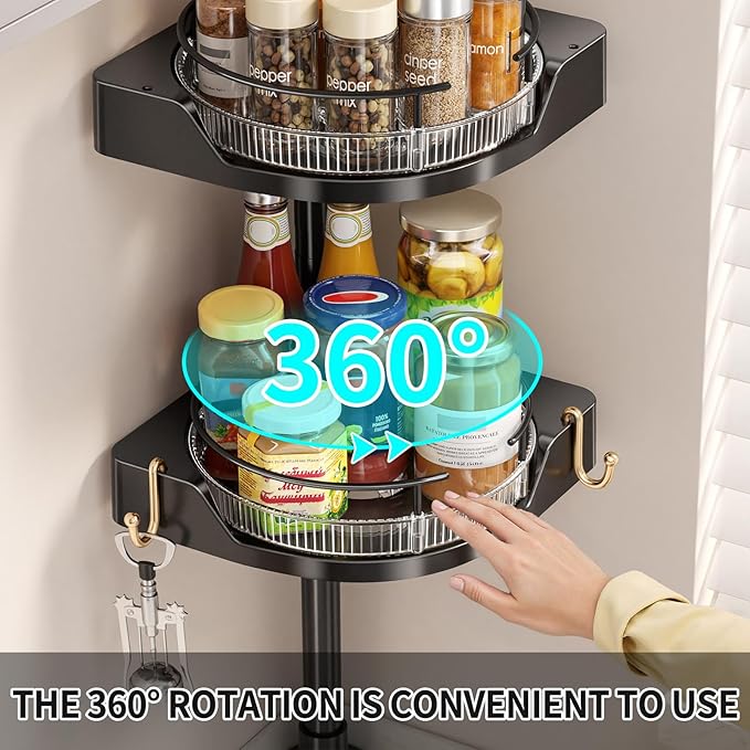 Standing Spice Rack Organizer, Counter Corner Double Tier Lazy Susan, Height Adjustable 360 Rotating Storage Rack with Hooks for Kitchen & Bathroom Corners (Black)