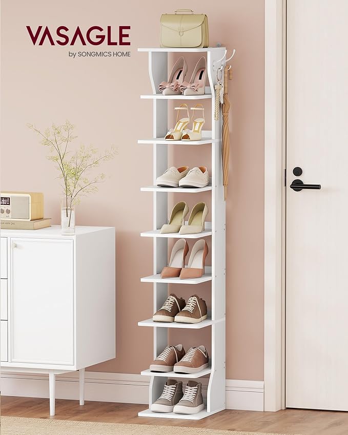 VASAGLE 9-Tier Vertical Shoe Rack, Narrow Shoe Storage Organizer with Hooks, Slim Corner Tower Shelf, Space-Saving for Entryway and Bedroom, White ULBS210WB01