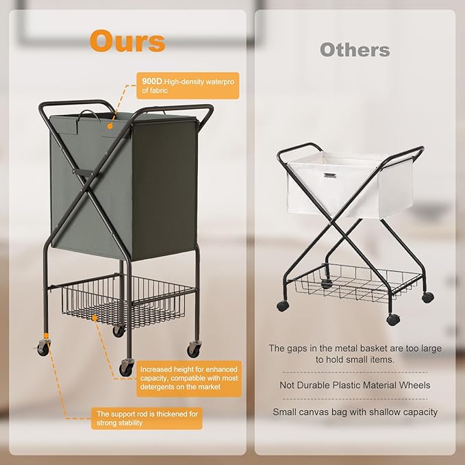 Laundry Basket with Wheels:88L Rolling Laundry Cart Foldable Metal Frame Dirty Clothes Laundry Hamper 36"H 4 Caster 2 Brake Waterproof Removable Liner Carry Handle for Dorm Laundry Room,Gray