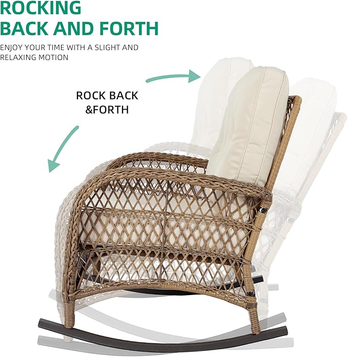 VIVIJASON Outdoor Wicker Loveseat Rocking Chair with Coffee Table, 2-Person Patio Rattan Rocker Sofa Set with Thick Cushions, All-Weather Loveseat Rocker for Porch, Backyard & Garden