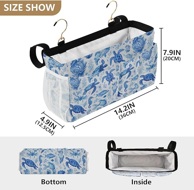Ink Blue Turtles Fish Crabs Bedside Caddy for Dorm Bed Bedside Hanging Caddy Bag Iron Frame Storage Organizer Pocket for Bunk Home College Hospital Beds 2 Hooks
