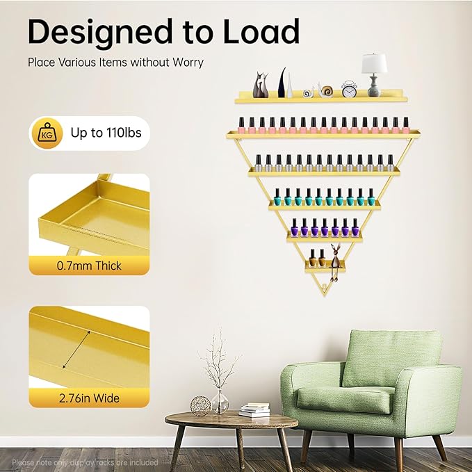 6PCS Nail Polish Racks, 5 Tiers Heart-Shaped Cosmetic Display Racks, Triangular Floating Wall Mount Cosmetic Display Shelves for Home Spa Nail Salon Shop