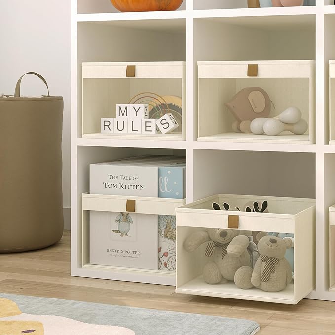 Linen Closet Organizers and Storage, Closet Storage Bins Basket Organizer, Foldable Organization Baskets with Mesh Window for Clothes Towels and Toys, 14.5" x 14.5" x 10.25", Beige, 6 pack