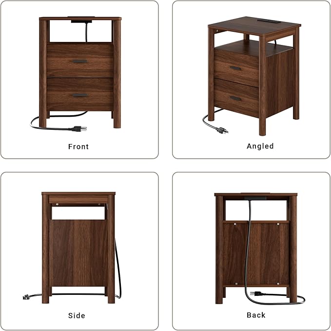 Night Stand Set of 2 with Charging Station, 20" Large Modern Side Table with Solid Round Post Legs, 2 Drawers End Table with Open Shelf, Nightstand for Bedroom, Walnut