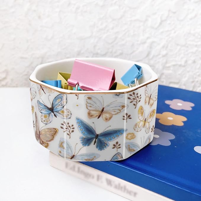 Ceramic Paper Clip Holder Gold Line Paper Clip Dispenser Organizer for Desk Cute Floral Butterfly Pattern Office Binder Clip Holder Bobby Pin and Hair Clip Holder Gift for Office Butterfly
