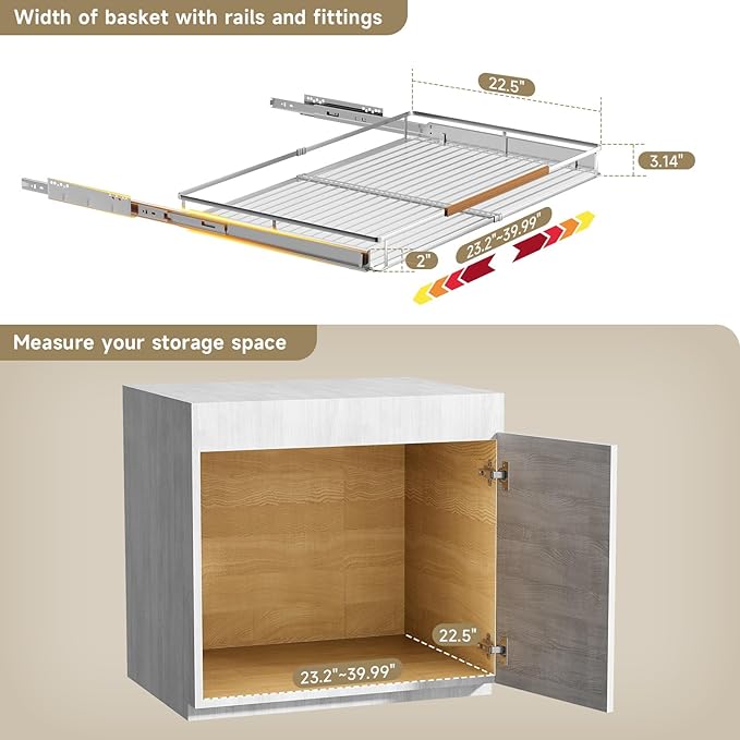2 Pack Expandable Pull Out Cabinet Organizer，Side Mounting 23.2~39.99"x22.5"Cabinet Pull Out Shelves, Expandable Slide Out Spice Rack for Kitchen Bathroom Office