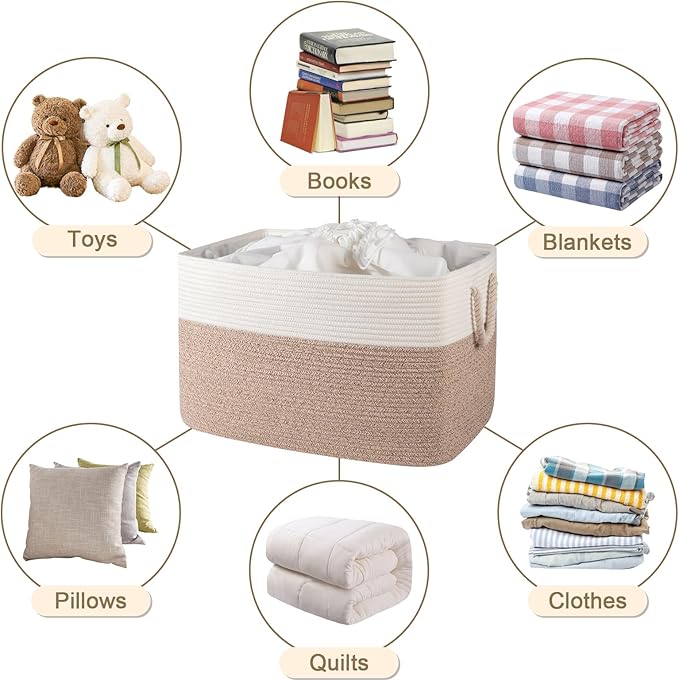 95L Extra Large Blanket Basket with Lid, 24" x 16.9" x 14.2" Woven Storage Basket for Living Room, Rectangle Nursery Blanket Storage for Toys, Towels, Dirty Clothes, Yellow & White