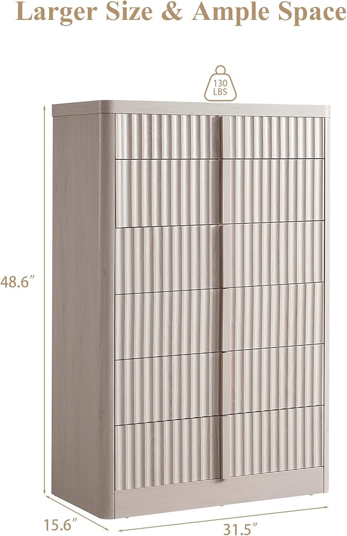 Fluted Dresser for Bedroom, Chest of Drawers, 48" Tall 6 Drawer Dresser, Curved Profile Design, Modern Wooden Chest of Drawers with Solid Wood Handle for Living Room, Bedroom, Hallway