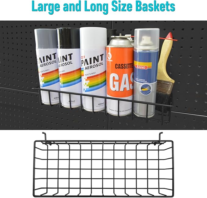 G.CORE Large Peg Board Baskets - 2 Pack Metal Shallow Tray Shelves for 1/4 Pegboards - Spray Bottle Holders Can Organizers for Garage Workbench Shop Hobby Craft Tool Organization (Black)