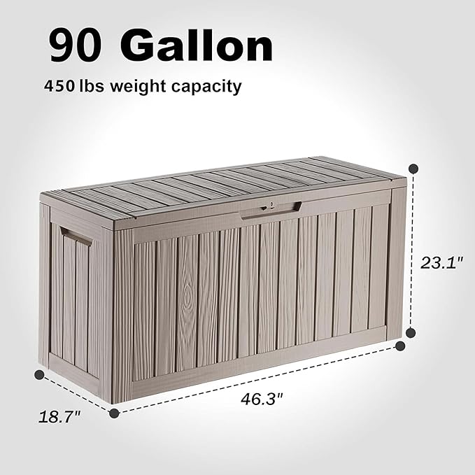 90 Gallon Deck Box,Resin Outdoor Storage Box with Lockable for Patio Furniture, Pool Accessories, Garden Tools Waterproof Outside Storage Box, Grey