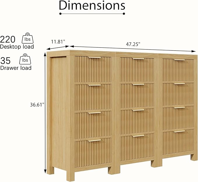 Modern 12-Drawer Solid Wood Dresser with Fluted Front & Gold Handles, Multifunctional Tall Storage Chest, for Hallway, Entryway, Natural X3