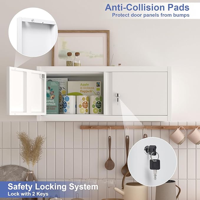 Floating Storage Organization for RV, Hanging Cabinets with Key, 13” H 2 Door Locking Wall Storage Cabinet for Kitchen, Pantry, School, Wall Storage with Lockable Doors, Assembly Required