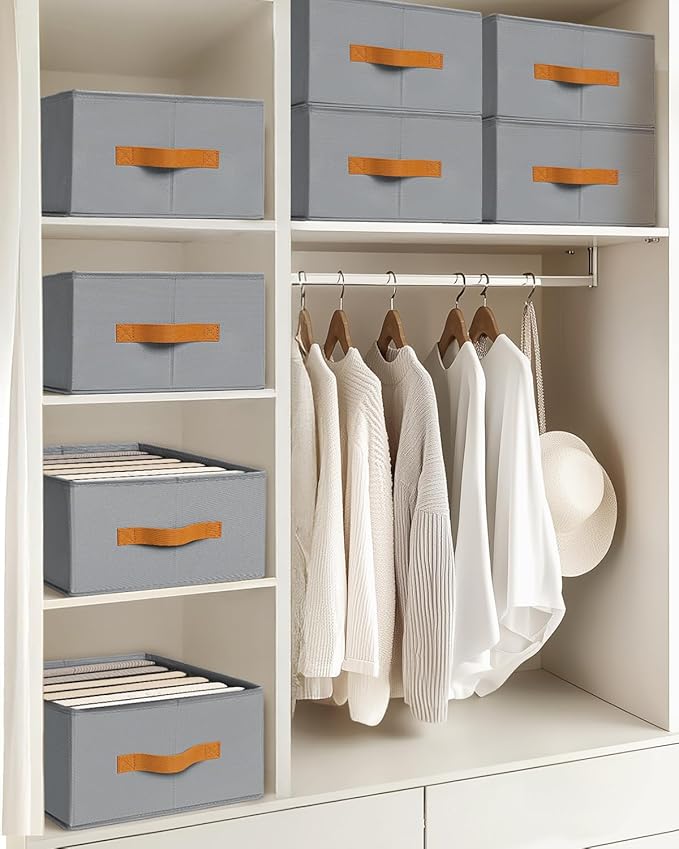Closet Organizers and Storage - Fabric Clothes Organizer with Handles, Foldable Jeans Organizer for Clothes, Drawer Organizer for Shirts, Bra, Sweater, Scarf, 8 Pack, Grey