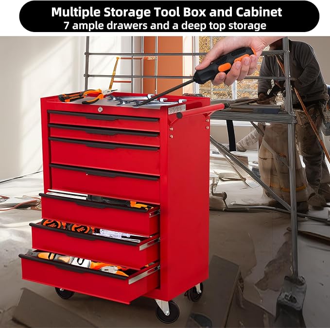 7-Drawer Rolling Tool Chest Cabinet, Large Capacity Metal Tool Box with Wheels and Cylinder Locking, Roll Around Storage Organizer Tool Cart for Garage, Warehouse, Work Shop - Red