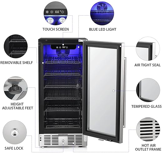 COWSAR Wine Fridge 15inch Beverage Refrigerator 2.9 Cu.Ft. Freestanding or Under Counter Cooler Stainless Steel Beer Fridge Mini ETL Approved