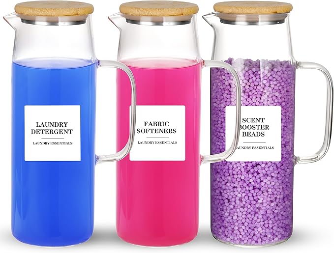 3 Pack 50 oz Laundry Detergent Dispenser Set with Bamboo Lids and Handles - Liquid Laundry Containers
