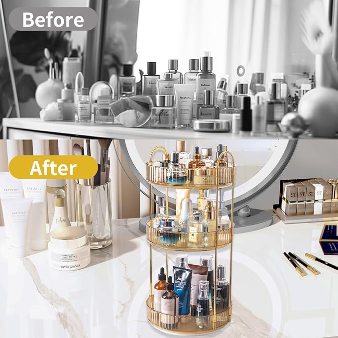 360 Rotating Makeup Organizer for Vanity,3 Tier Large Capacity Vanity Storage,Skincare Perfume Spinning Organizer,Bathroom Cosmetics Storage Makeup Stand Organizer (Gold-3 Tier)