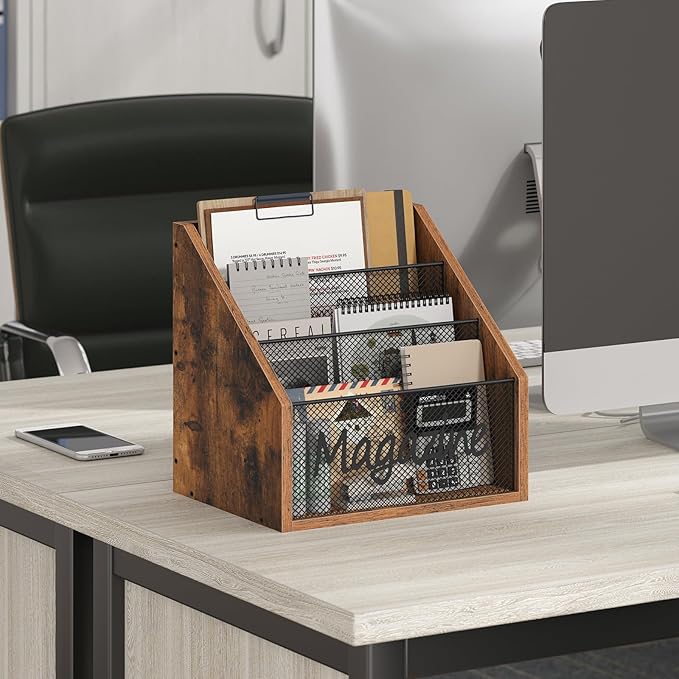 Magazine Holder, Wood Magazine Rack Floor, Mail Organizer Countertop, Magazine Mail Holder Sorter, Record Holder for Magazines, Books, Newspapers, Tablets, Rustic Brown and Black MR02BR