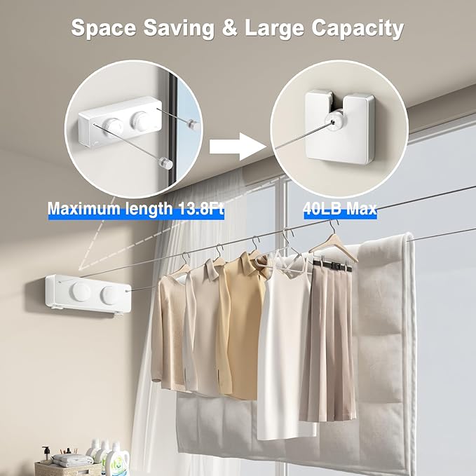 Retractable Clothesline Indoor, Non-Sagging Twin Clothes Line Retracting Outdoor Heavy Duty Clothes Drying Laundry Line Wall Mounted Stainless Steel Double Line-13.8 ft(White)