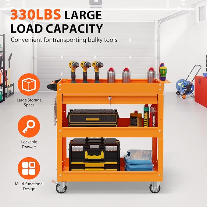 3 Tier Rolling Tool Cart with Drawers, Heavy Duty Utility Cart on Wheels, Large Storage Capability Service Cart for Garage, Warehouse and Repair Shop (Orange)