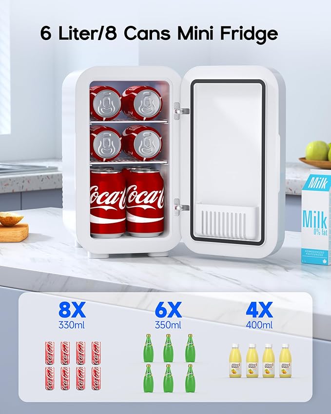Mini Fridge,6 Liter / 8 Can Small Fridge for Bedroom, Car, Office & Dorm, 110V AC/DC Portable Thermoelectric Cooler & Warmer for Skincare, Food, Drinks, White