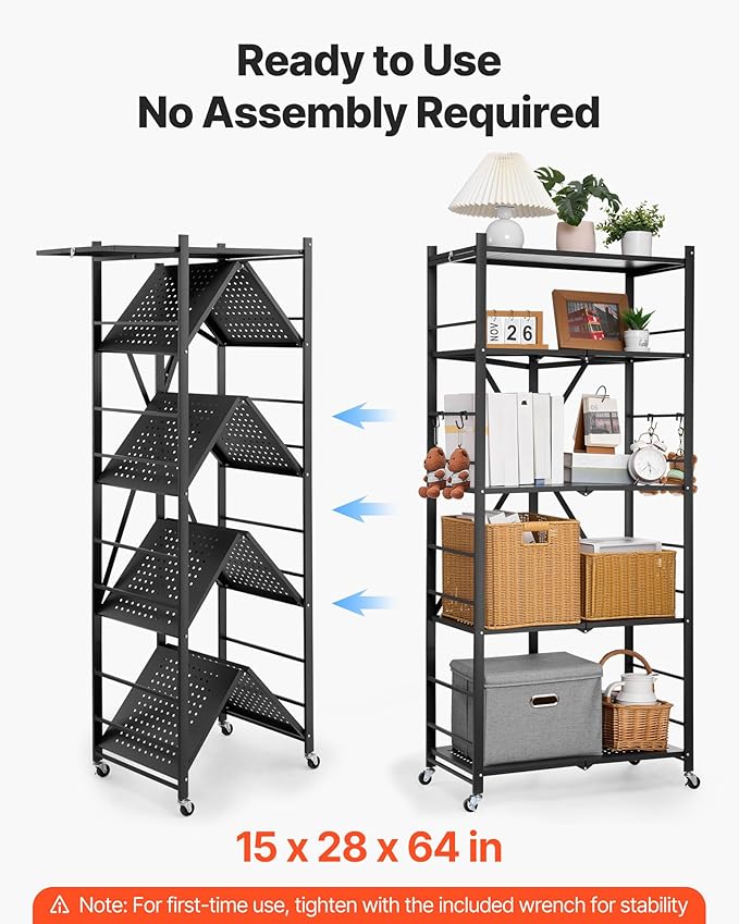 VEVOR 5-Tier Foldable Storage Shelf, 28W x 15D x 64H Inch Folding Metal Rack Shelving Unit, No Assembly Organizer Shelf with 5 Wheels & 4 Hooks for Pantry, Kitchen, Garage, Basement, Black