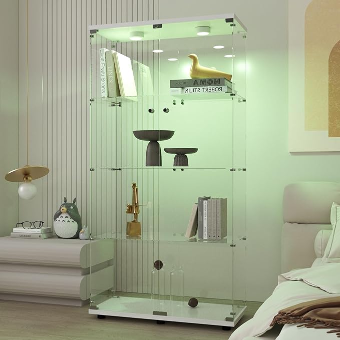 Beauty4U Glass Display Cabinet with LED Light, 4 Shelves with 2 Doors, Curio Cabinets for Living Room, Bedroom, Office, White Floor Standing Glass Bookshelf, Quick Installation