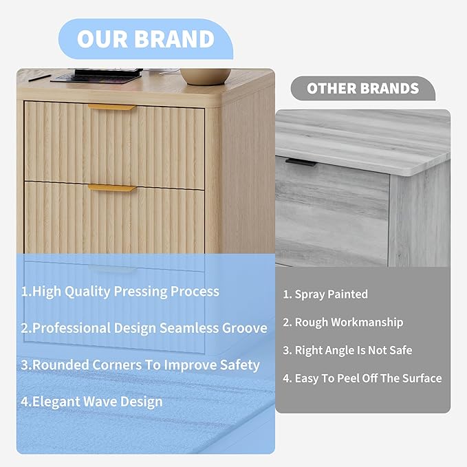 GarveeHome Fluted Nightstand with Charging Station, Bedside Table with 3 Drawers Storage Space, Metal Handles and Rounded Corners for Safety, Side Tables, End Table Bedroom, Living Room