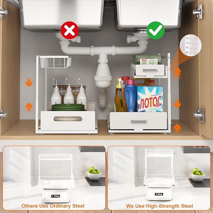 2 Tier Slide Out Kitchen Cabinet Organizers with Pulley, Under Sink Organizer, Under Bathroom Sink Pull Out Organizer with Multiple Height Adjustments for Kitchen and Bathroom Cabinets-White