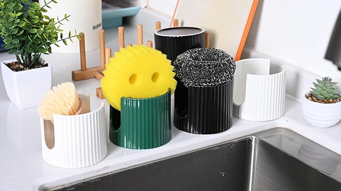 Kitchen Sponge Holder,3 inch heigh Ceramic Sponge Holder for Kitchen Sink Countertop,Space-Saving Multi-Functional Dish Sponge Rack and Bathroom Organizer Accessories,White and Black Suits