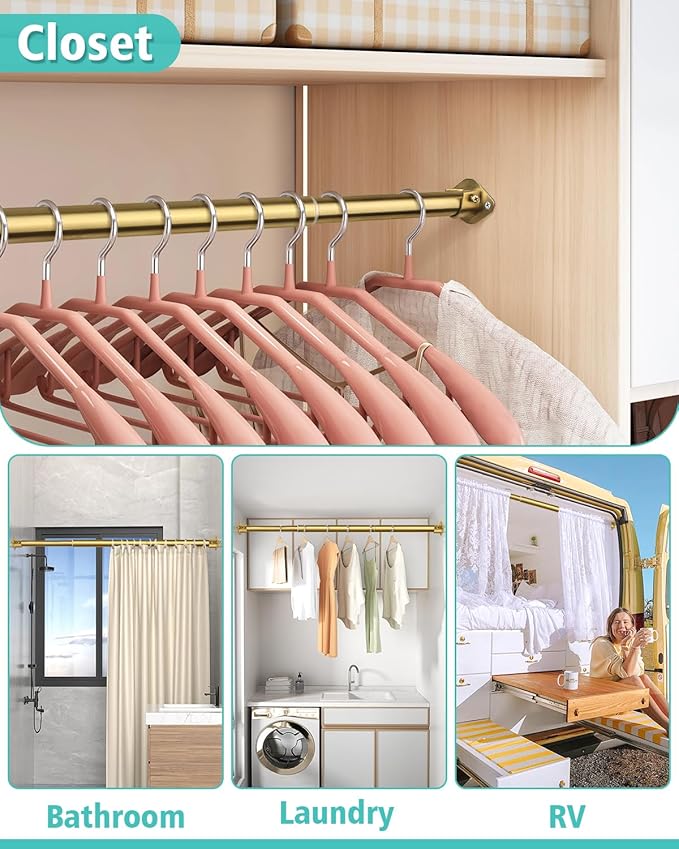 Closet Rod, 17 to 28 Inch Heavy Duty Adjustable Metal Clothing Rack for Hanging Clothes, Closet Poles for Wardrobes, Laundry, Durable Steel, Gold（Upgraded Extra Strong）