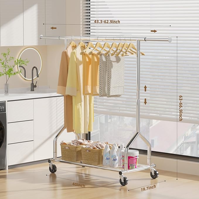 EAGMAK Heavy Duty Clothes Rack Load 424 LBS, Rolling Clothing Rack With Shelves, Adjustable Metal Clothes Hanger with Wheels, Portable Wardrobe Organizer Garment Rod for Hanging Clothes (Silver)