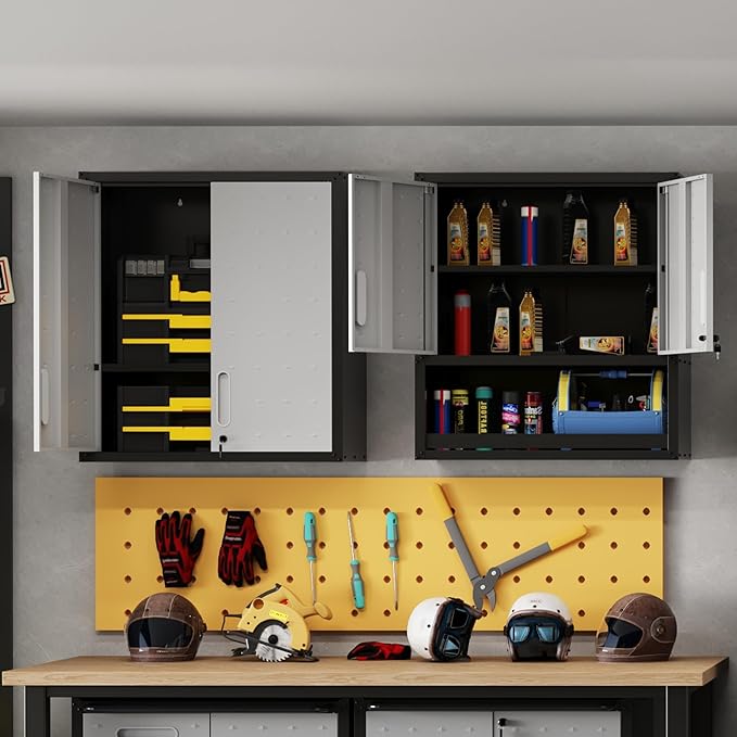 Wall Cabinet, Wall Mounted Cabinet with Lock and Adjustable Shelf for Garage, Tool Room, Kitchen, Assembly Required(Black and Gray)