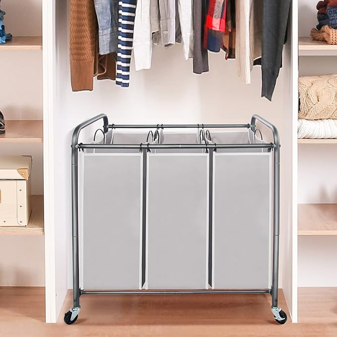 STO STO Laundry Sorter 3 Section, 3 Bag Laundry Hamper, Rolling Laundry Cart, Laundry Basket with Heavy Duty Lockable Wheels and Removable Bag for Clothes Storage, Gray