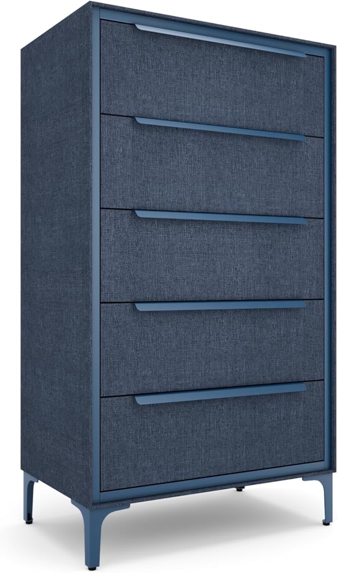 tinge Naima Premium Fabric Dresser - Strong Metal Frame, 5 Spacious Sag-Proof Drawers with Sleek Metal Handles - Premium & Durable Storage Solution for Your Home (Navy)