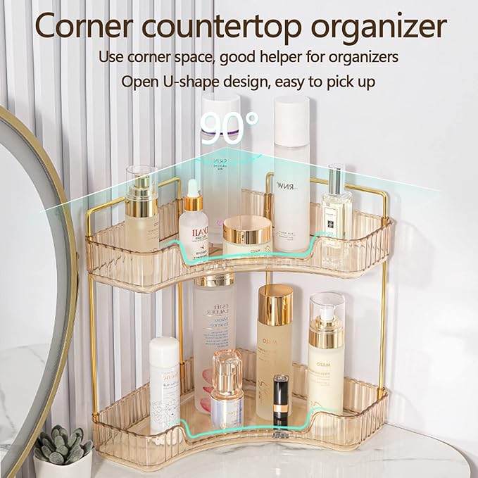 2-Tier Corner Bathroom Counter Organizer – Classic Storage Shelf for Makeup, Perfume & Toiletries, Space-Saving Countertop Tray Fits Bathroom, Dresser, Kitchen (Vintage Gold)