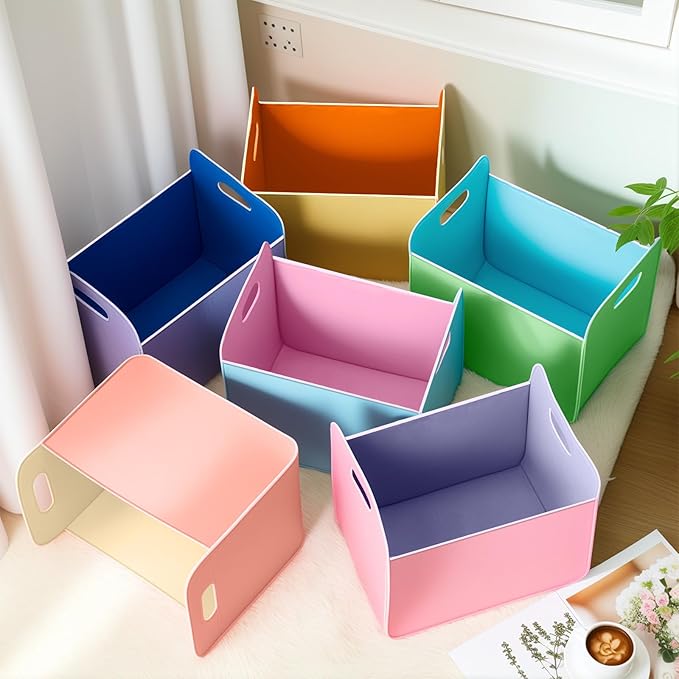 6 Pcs 14x10 Inch Colorful Felt Rectangular Storage Bins Collapsible Storage Basket with Handle for Shelves Closet Bedroom Office Clothes Book Holiday Christmas Stuff Organizer(Macaron)