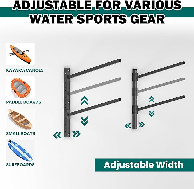 EVERHANGER Wall Mounted Kayak Storage Rack, Adjustable Kayak Holder, Heavy Duty Canoe Rack, Indoor & Outdoor Use