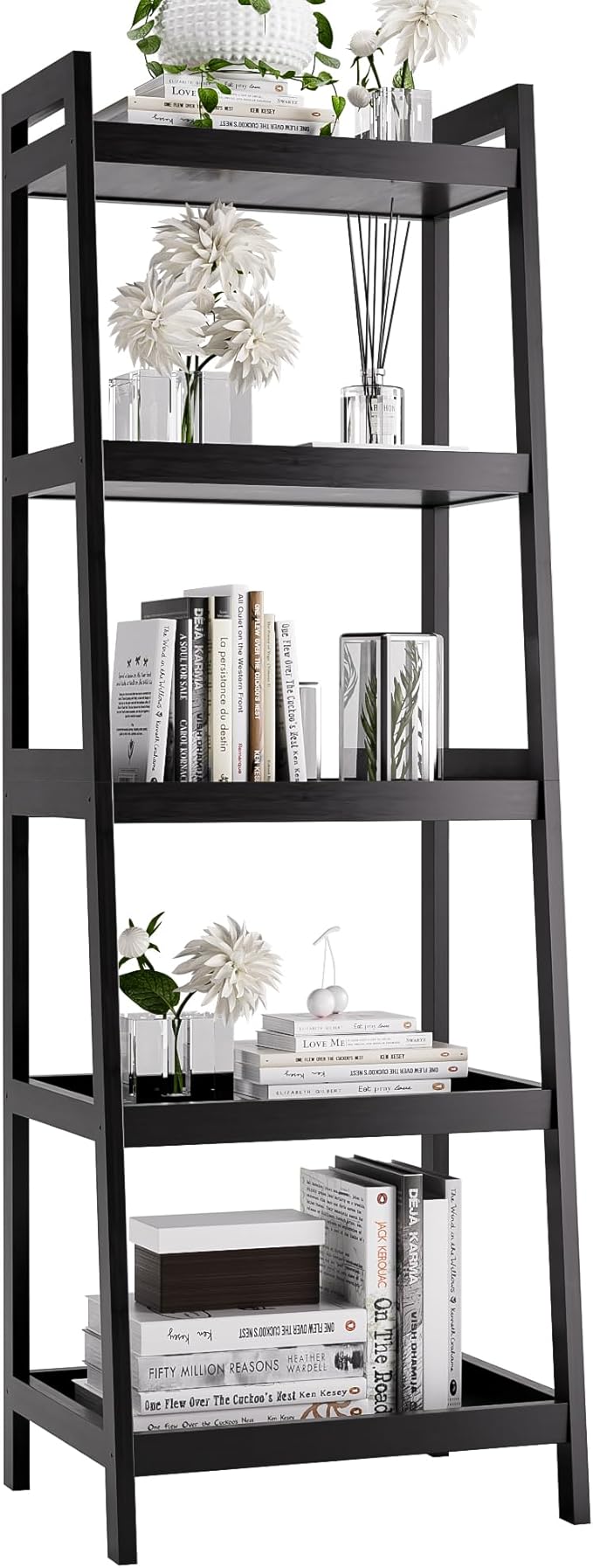 Bookshelf, 5 Tier Ladder Bookcase with Bamboo Frame, Freestanding Tall Narrow Display Plant Shelf for Living Room, Kitchen, Bedroom, Balcony, Black