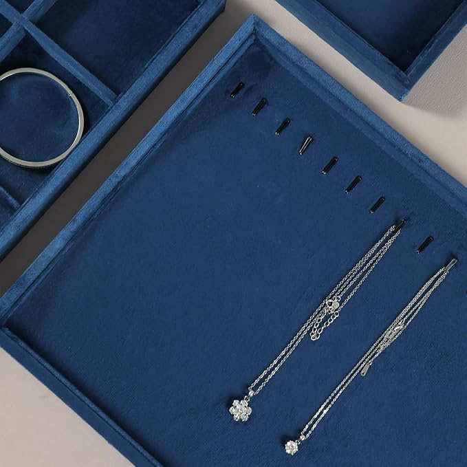 Velvet Jewelry Display Tray For Bracelet Pendant Necklace, Multi-Slot Stackable Storage Tray For Long Chain Jewelries, Drawer Insert Jewelry Organizer (Blue)