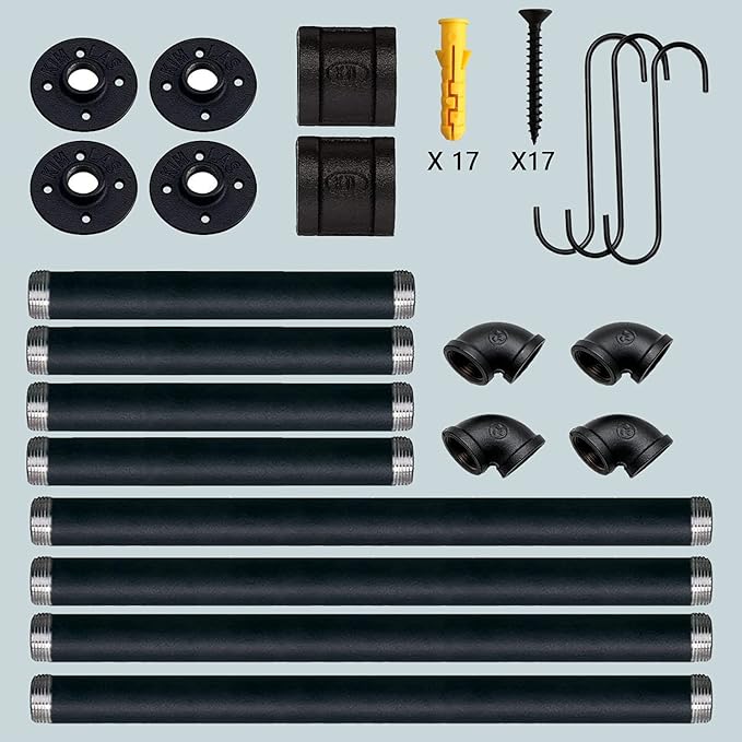 Industrial Pipe Clothes Rack with 3 S-Shaped Hooks, 36’'L Wall Mounted Garment Rack, Heavy Duty Iron Garment Bar, Clothes Hanging Rod Bar for Laundry Room, Max Load 135Lb Black (2 Package)