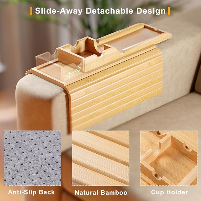 Bamboo Sofa Armrest Tray - Couch Arm Tray with Detachable Couch Cup Holder - 2 in 1 Anti-Slip Foldable Sofa Armchair Caddy Table for Drinks Cellphone TV Remote Snacks