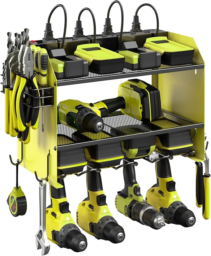 CCCEI Modular Power Tool Organizer Wall Mount with Charging Station. Garage Drill Storage Shelf with Hooks, Heavy Duty Rack, Tool Battery Holder Built in 8 Outlet. Gift for Men. Green, 1 Pack.